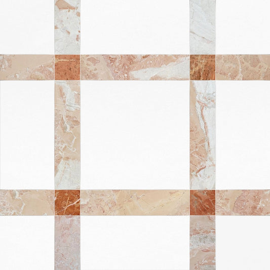 Checkered pattern of beige and brown tiles on a white background