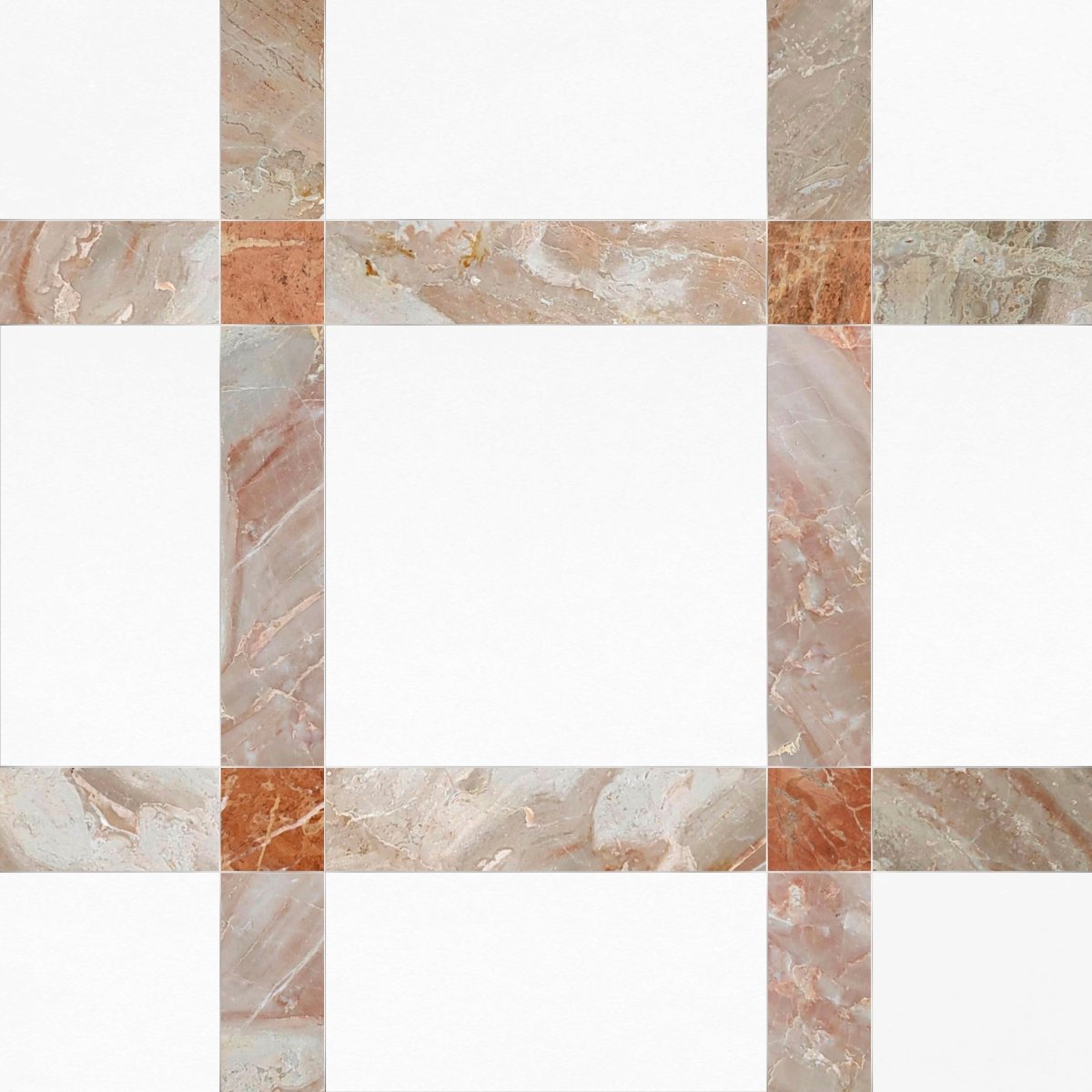 Checkered pattern of beige and brown tiles on a white background