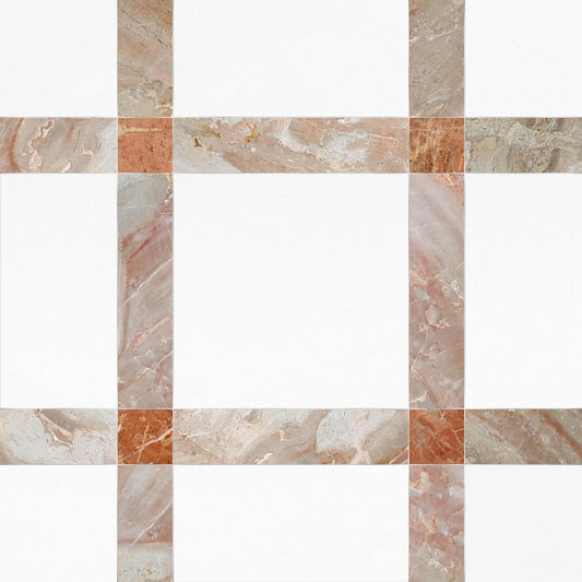 Checkered pattern of beige and brown tiles on a white background