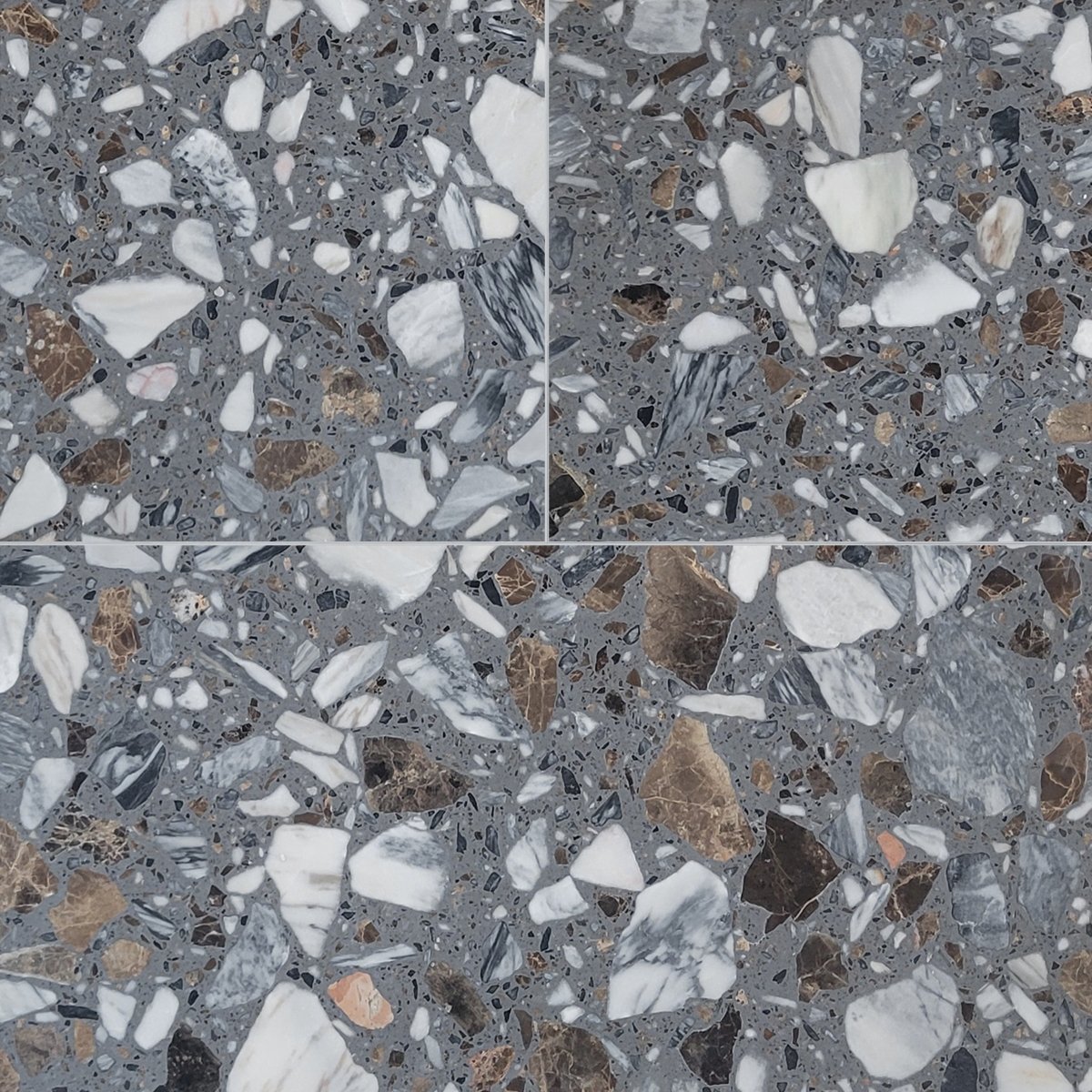 Terrazzo pattern with various colored stones on a gray background