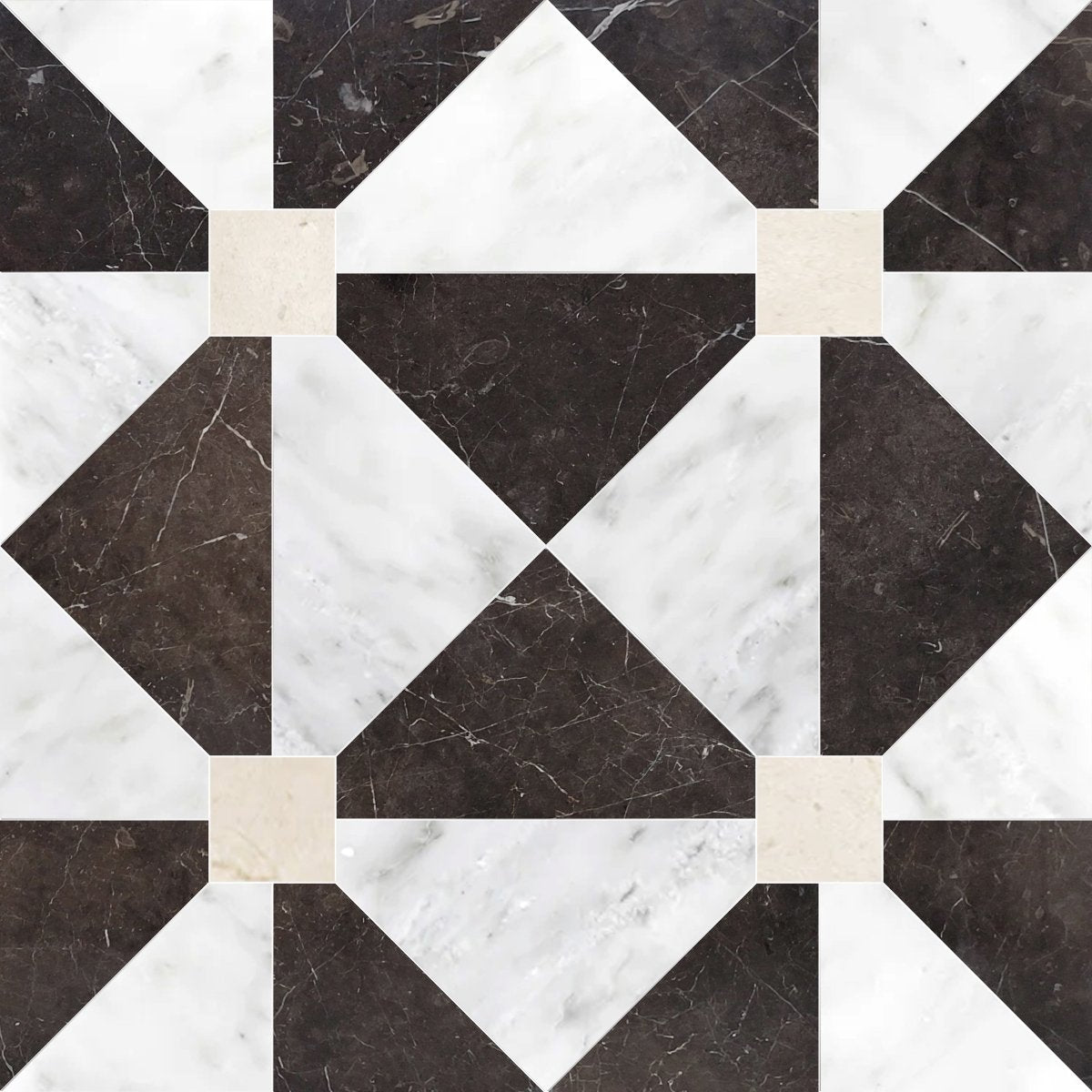Geometric pattern of black, white, and beige tiles