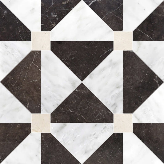 Geometric pattern of black, white, and beige tiles