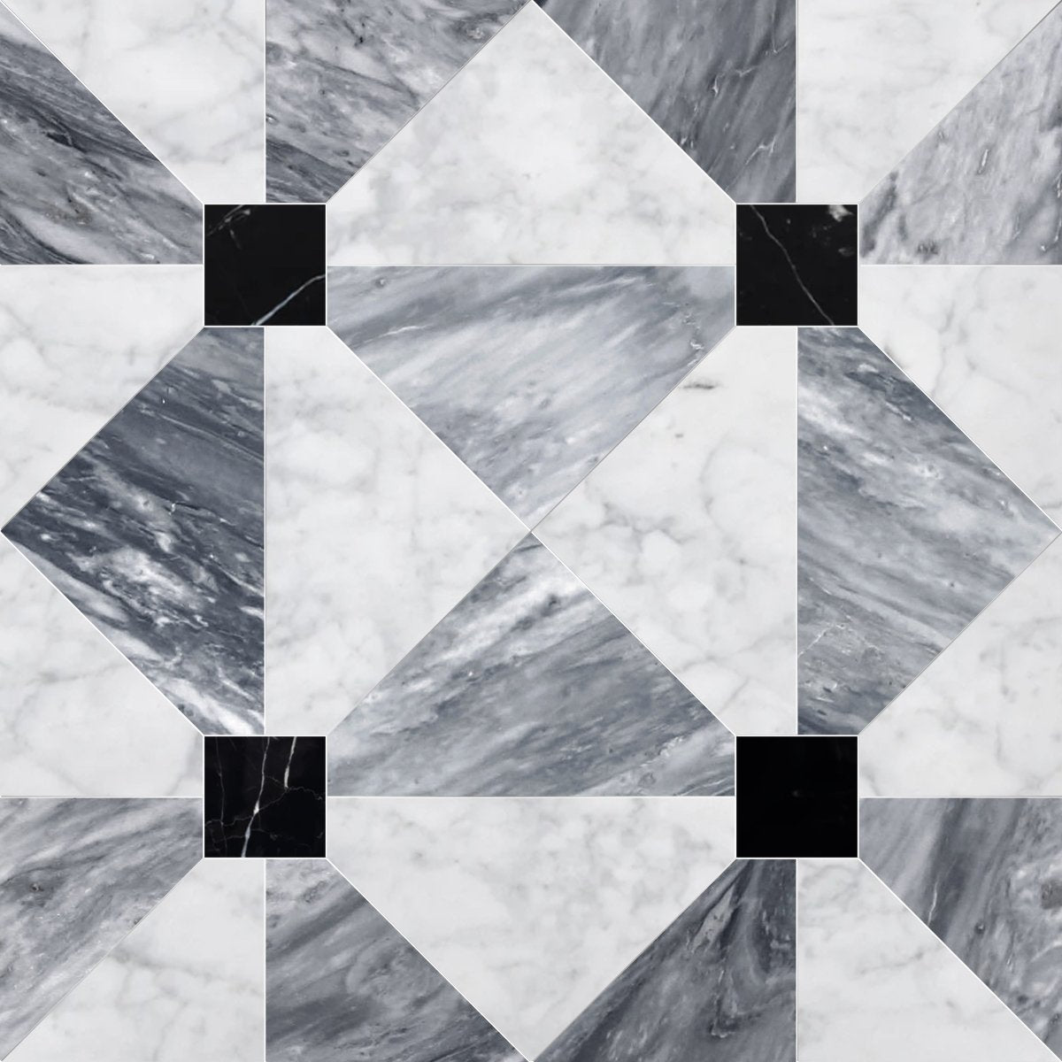 Marble tile pattern with black accents on a geometric grid