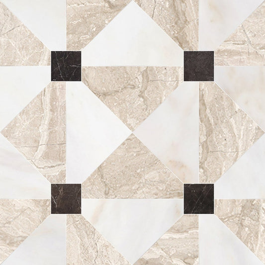 Geometric pattern with square tiles in beige, white, and black.