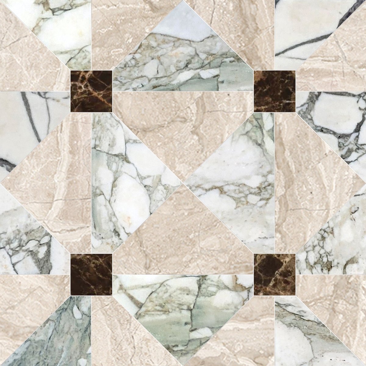 Mosaic pattern of various marble textures in beige, brown, and white.