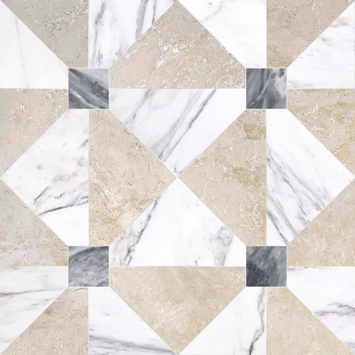 Pattern of beige, white, and gray tiles arranged in a geometric design.