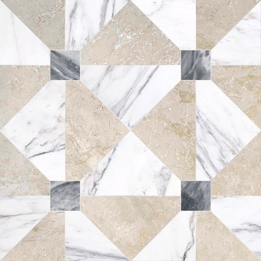 Pattern of beige, white, and gray tiles arranged in a geometric design.