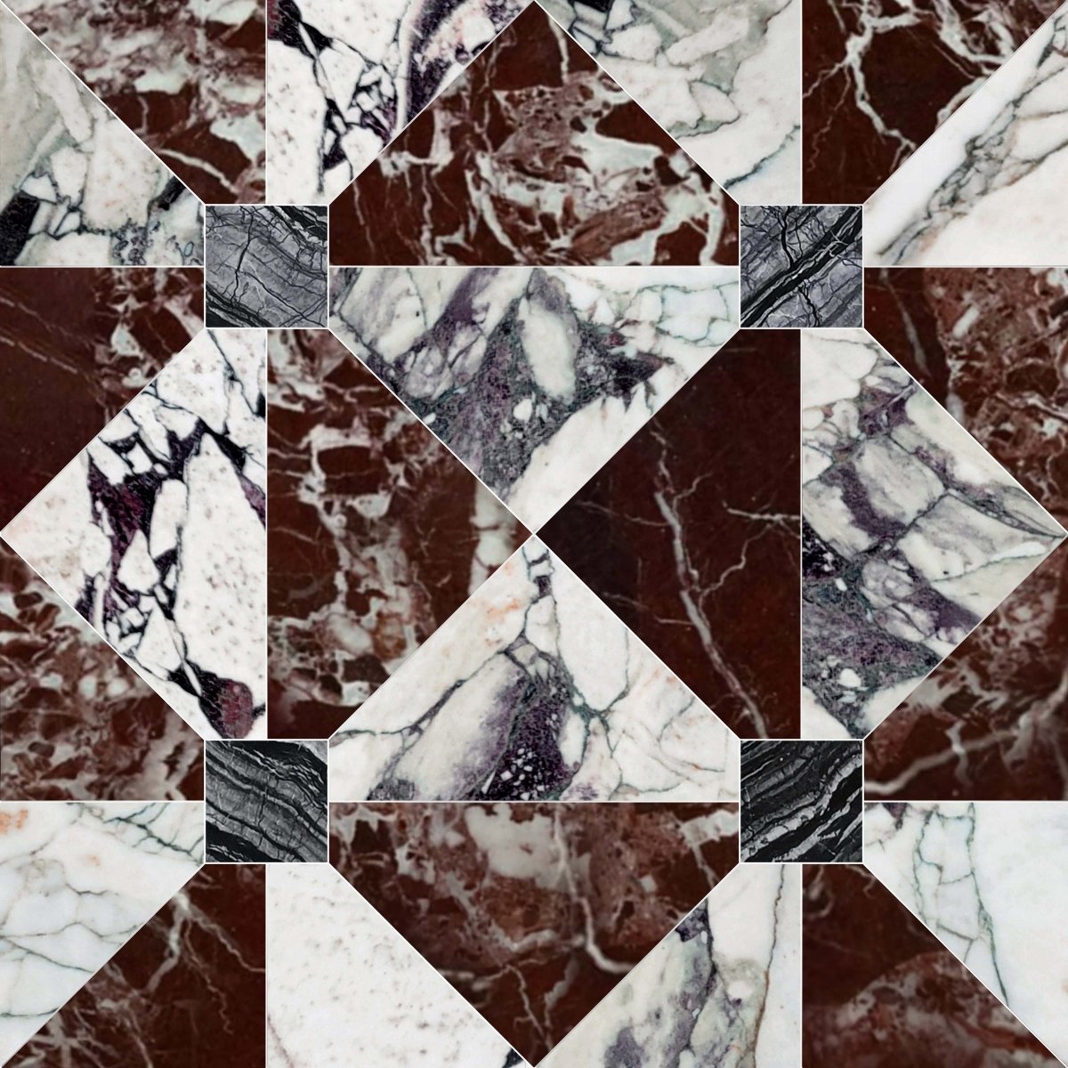 Mosaic pattern of various marbled stone textures in brown, white, and gray.