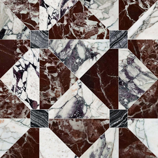 Mosaic pattern of various marbled stone textures in brown, white, and gray.