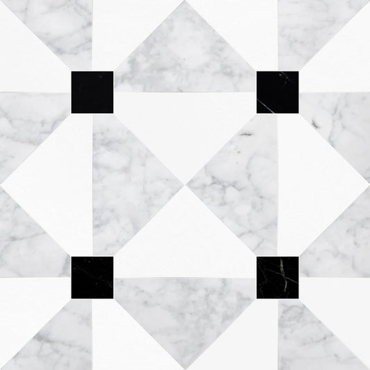 Marble pattern with black square accents on a white background