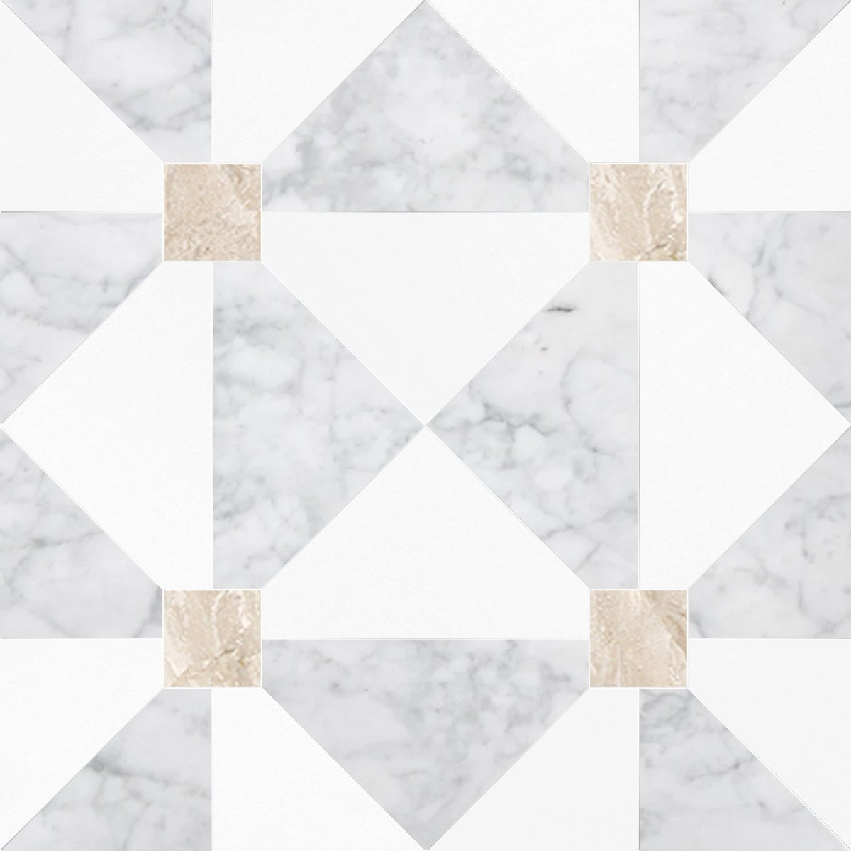 Marble-patterned tiles with beige accents arranged in a geometric design.