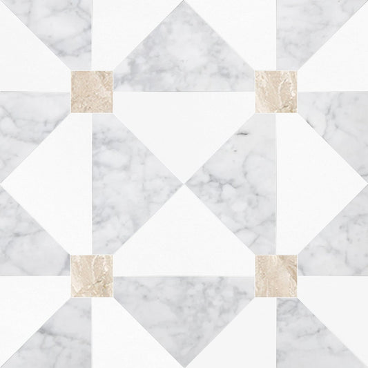 Marble-patterned tiles with beige accents arranged in a geometric design.