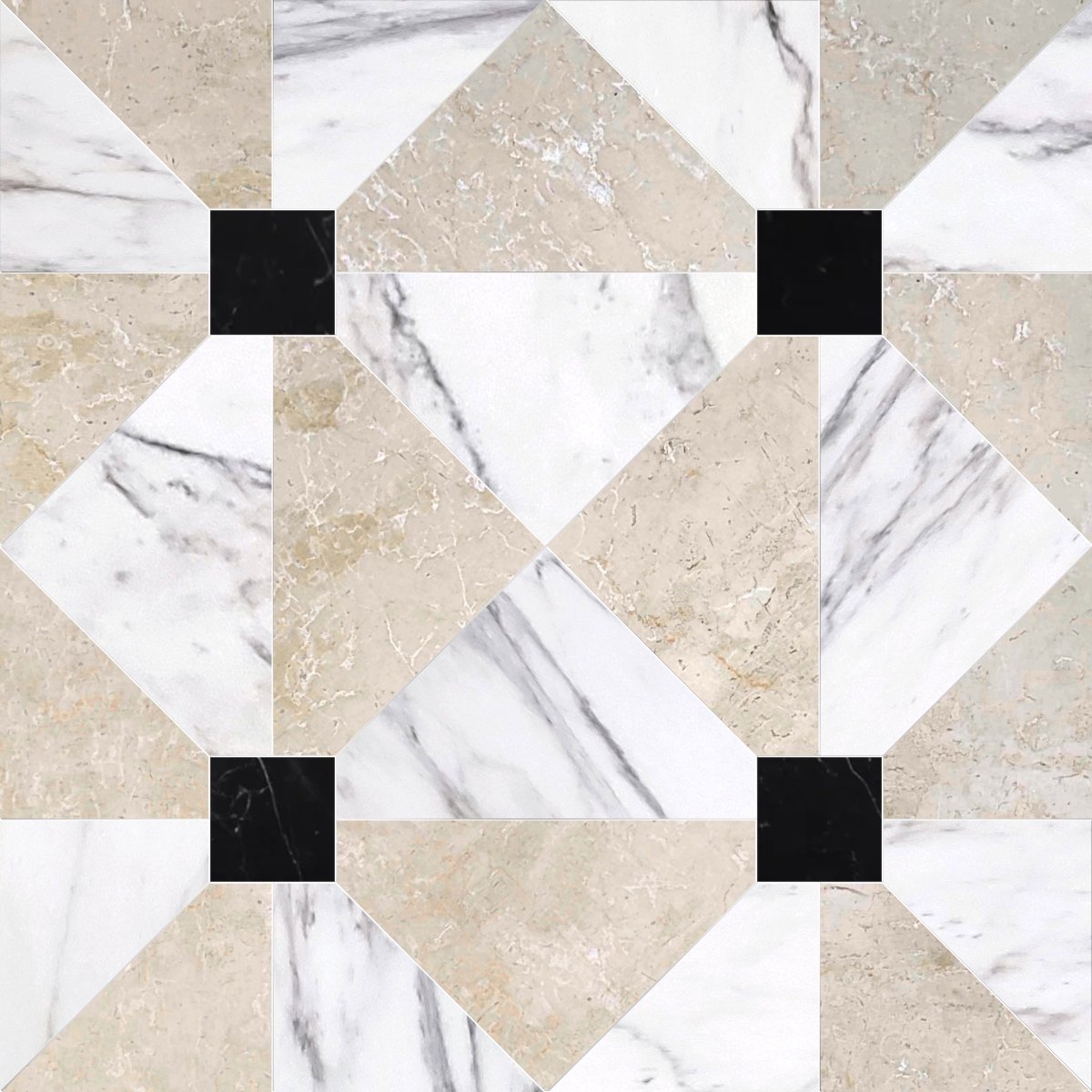 Pattern of beige, white, and black tiles arranged in a geometric design.
