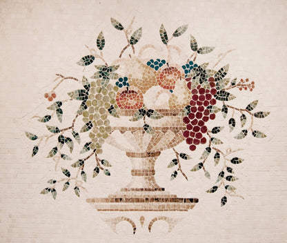 A mosaic wall art featuring a still life with fruits and a vase, crafted with agate and marble in a beige, brown, and multicolor palette.