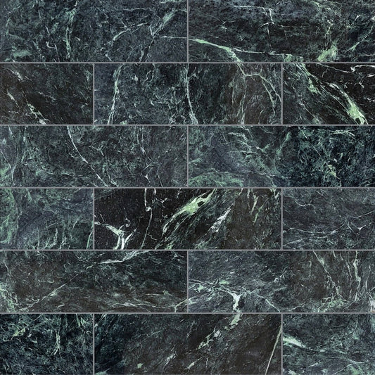 Pattern of dark green marble tiles with a grid layout.