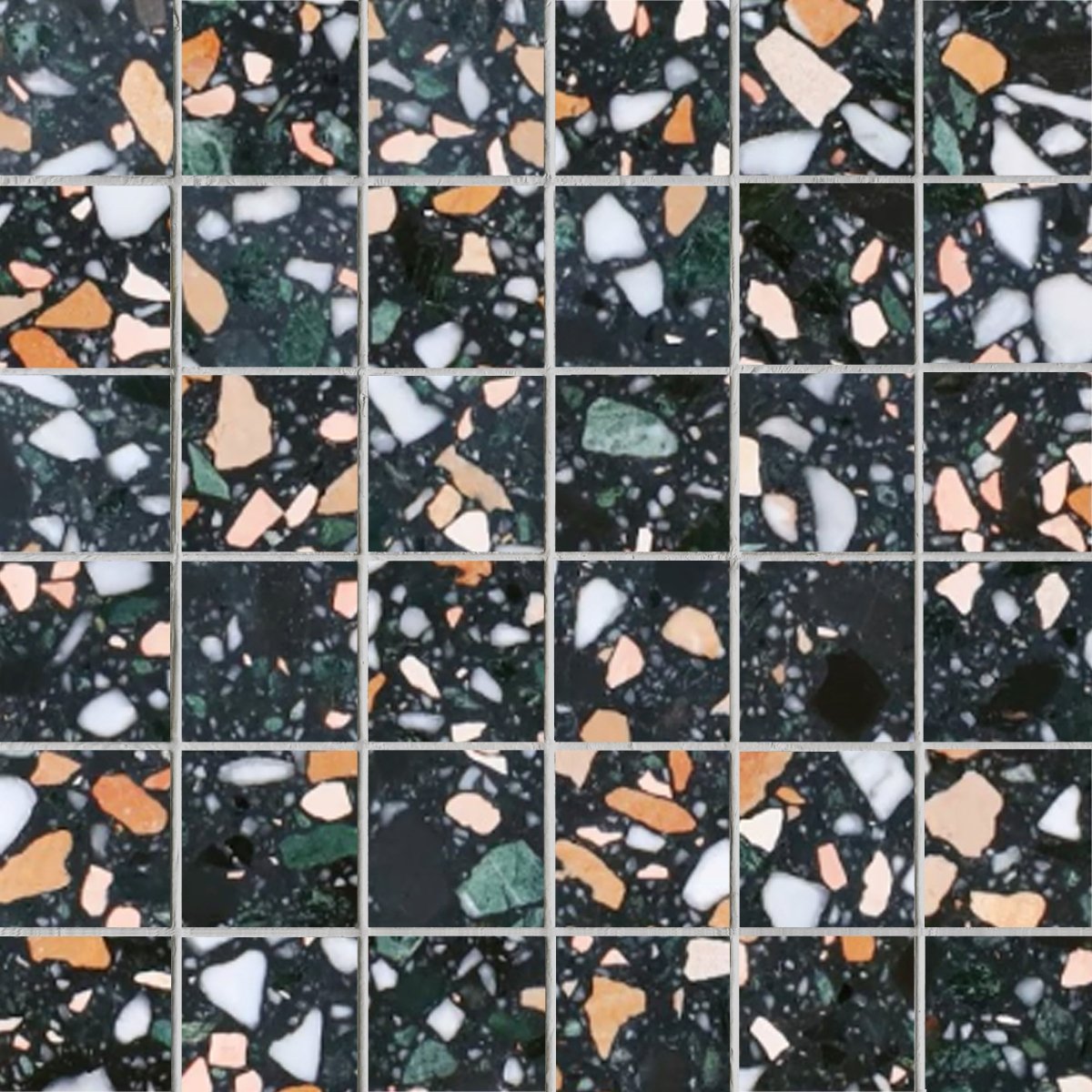 Terrazzo mosaic tile pattern with multicolored chips on a black background