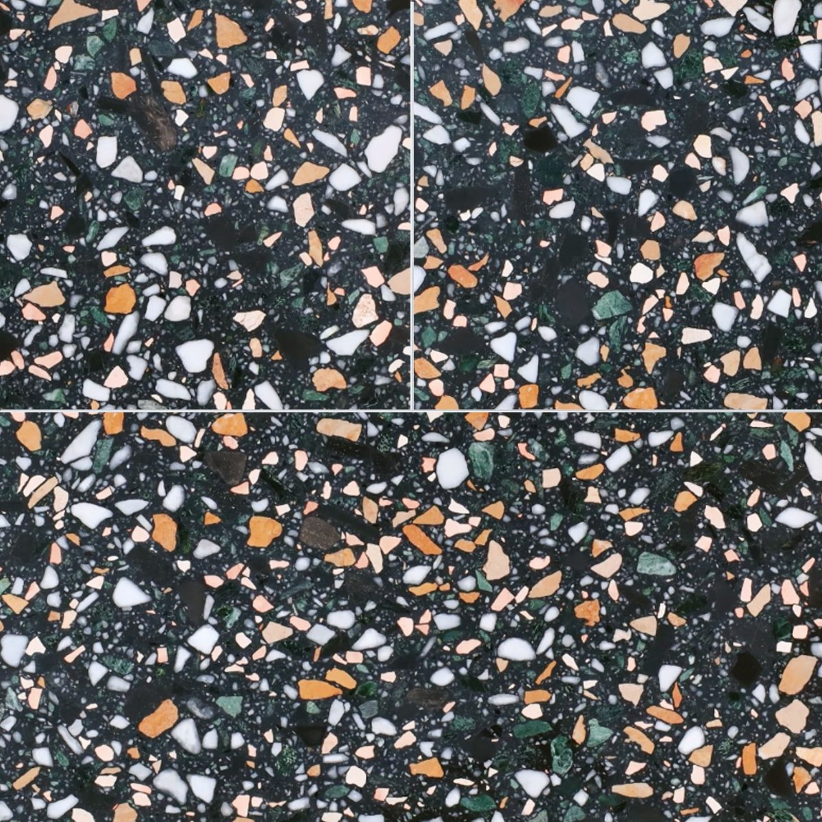 Terrazzo pattern with multicolored chips on a black background