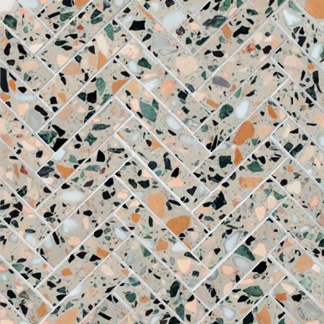 Agra Marble Herringbone Agra Marble Terrazzo Honed 1''x4'' Stone Mosaic