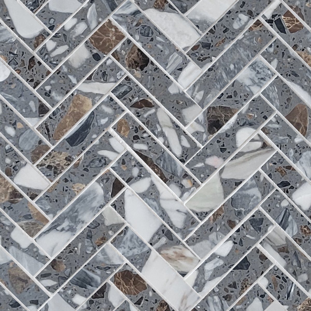 Patterned tile with a herringbone arrangement featuring gray, white, and brown colors.