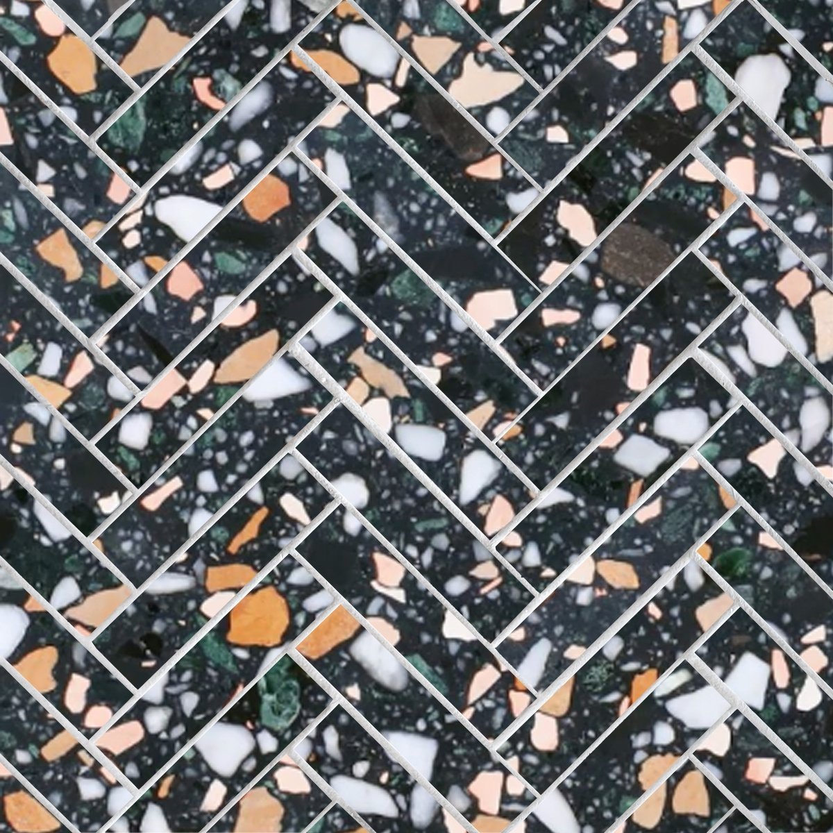Terrazzo pattern with multicolored chips on a black background