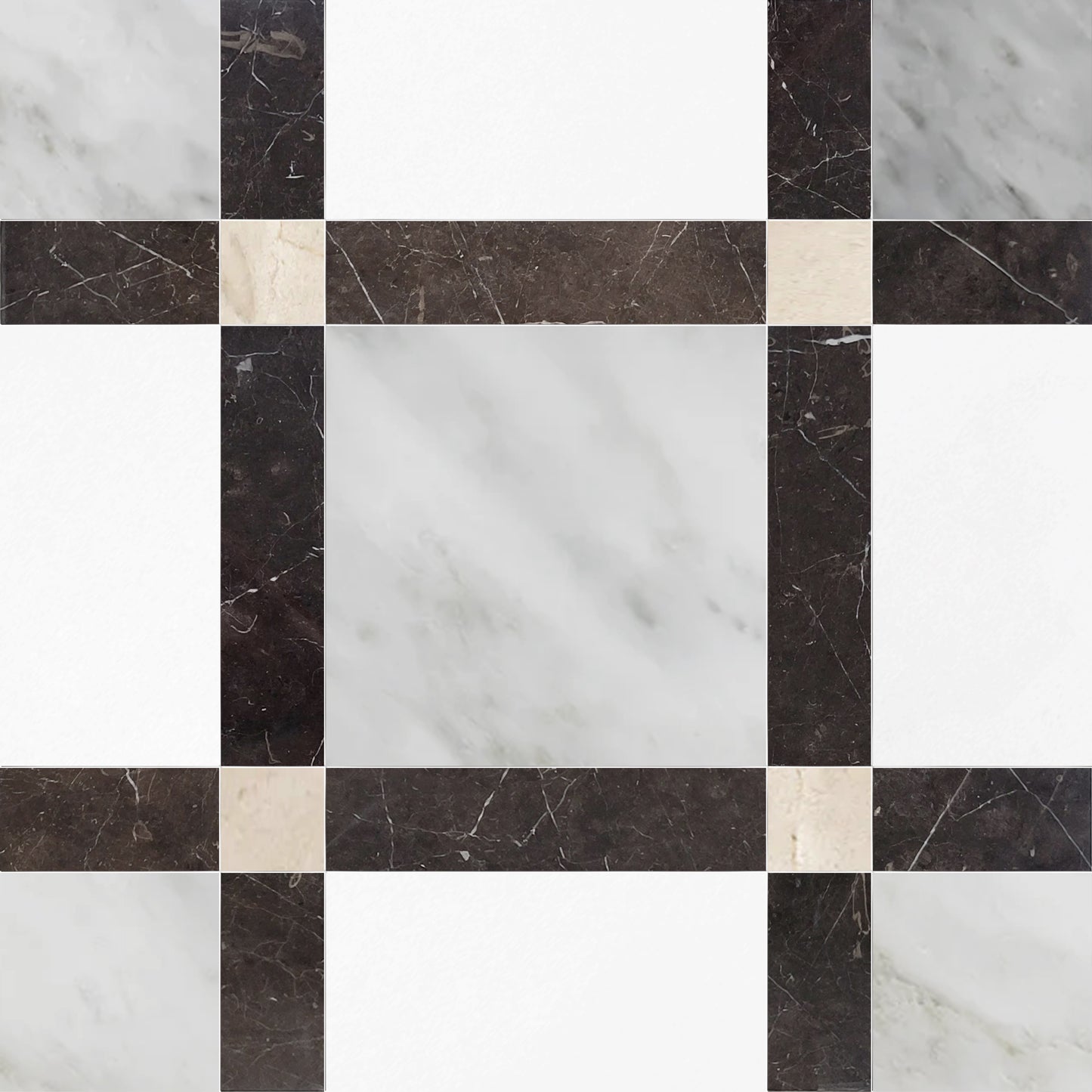 Checkerboard pattern of black, white, and gray marble tiles.