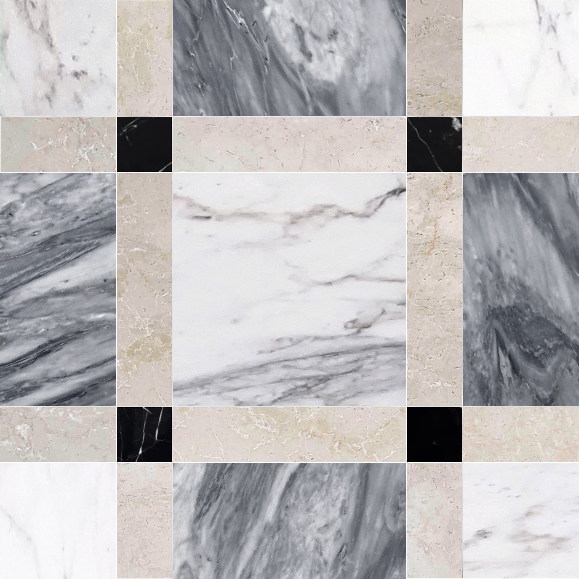 Checkerboard pattern of marble and stone textures in various colors.