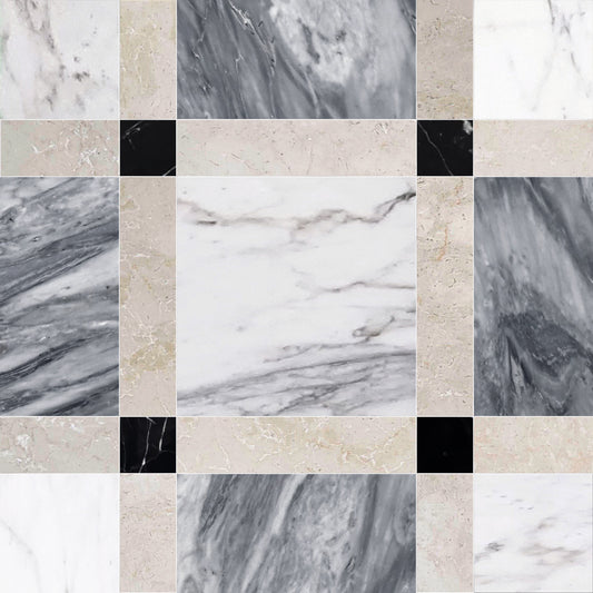 Checkerboard pattern of marble and stone textures in various colors.
