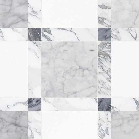 Pattern of square tiles with a marble texture in various shades of gray.