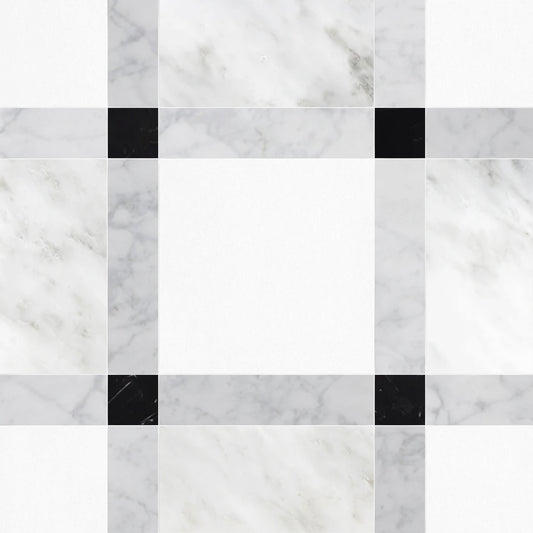 Checkered pattern with alternating black and white squares on a marble background