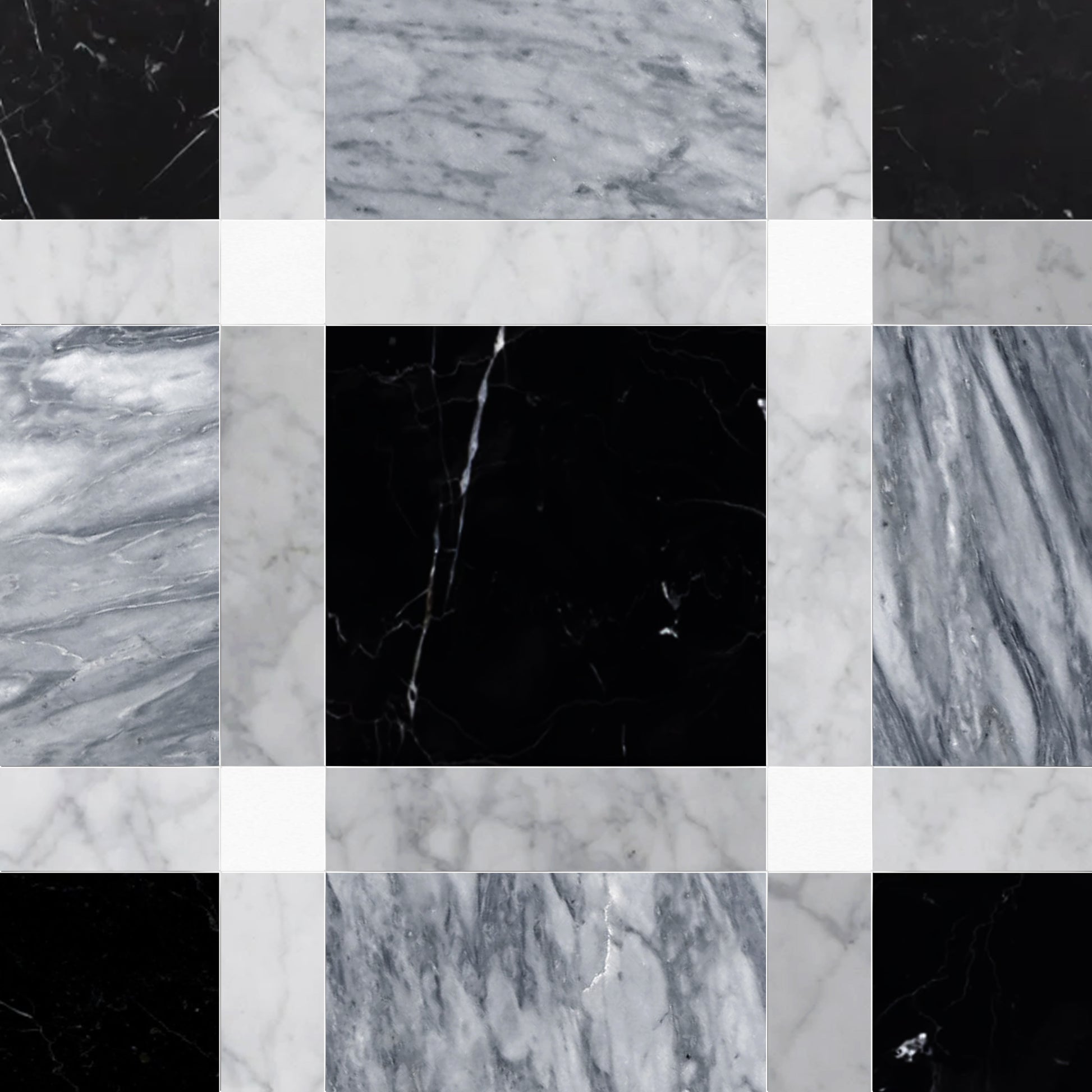 Checkered pattern of black, white, and gray marble textures.