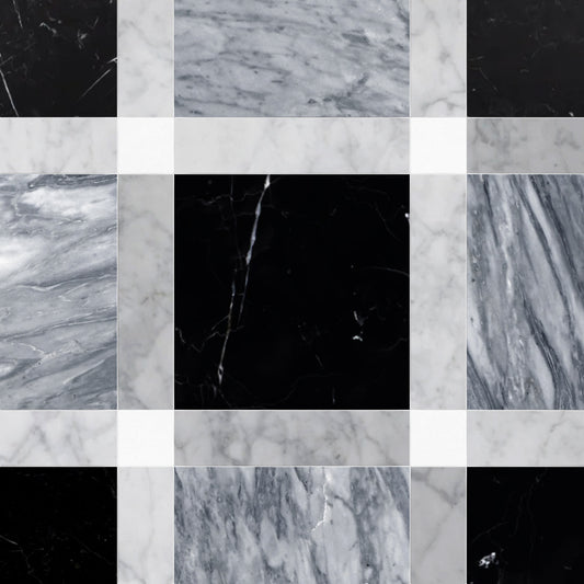 Checkered pattern of black, white, and gray marble textures.