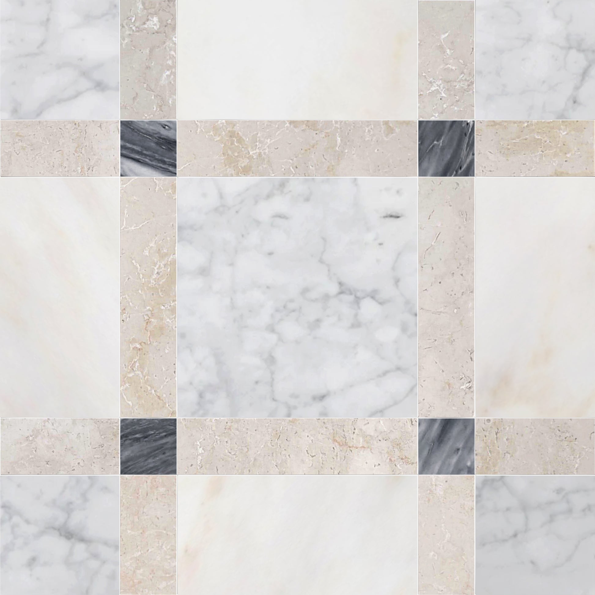 Pattern of square tiles in various neutral colors and marble textures.
