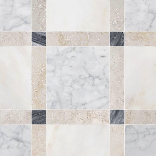 Pattern of square tiles in various neutral colors and marble textures.