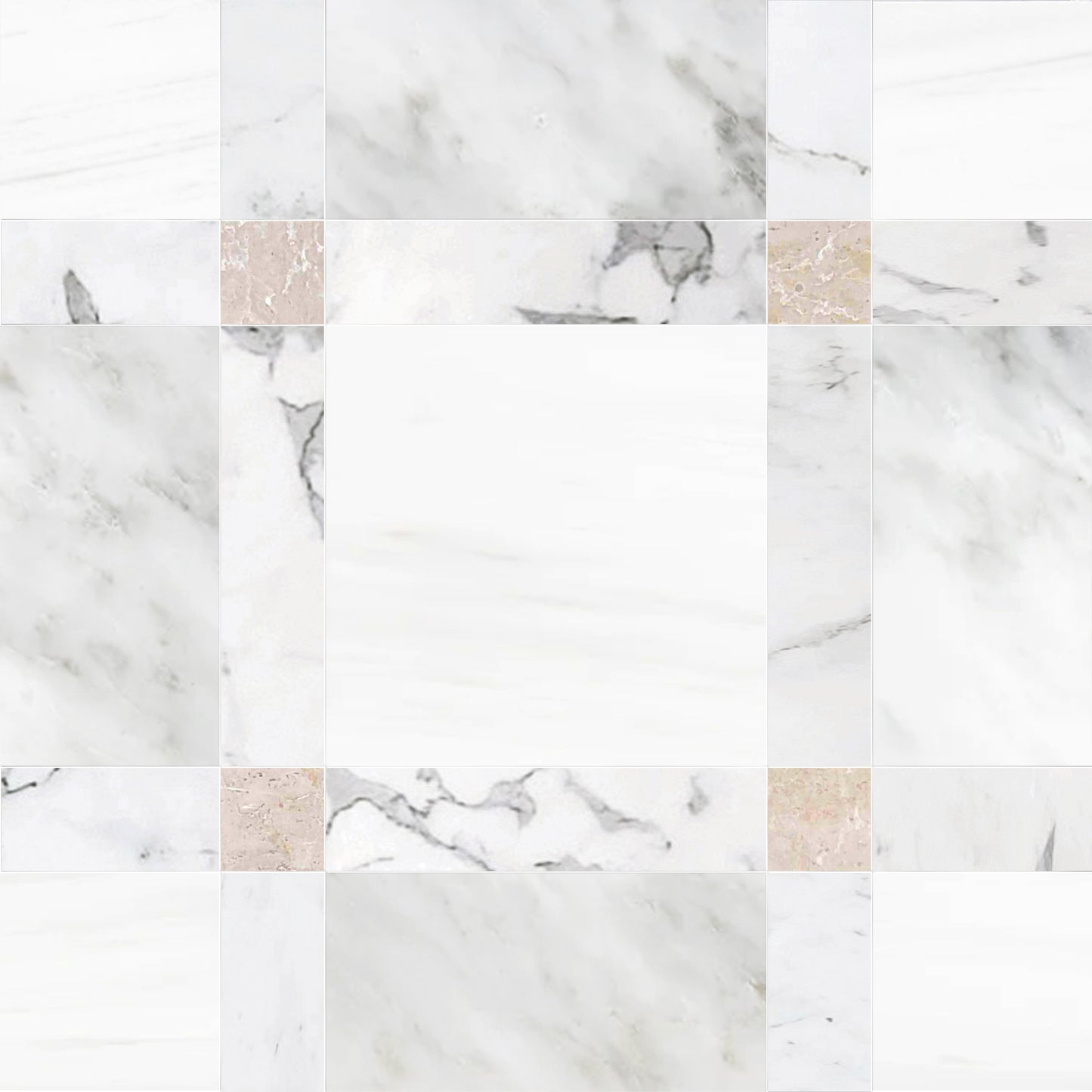 Pattern of white and beige marble tiles.