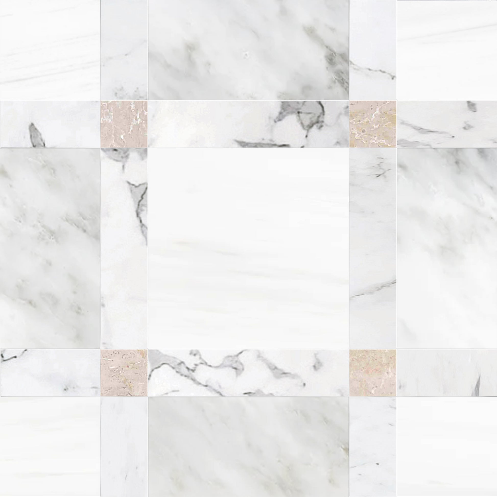 Pattern of white and beige marble tiles.