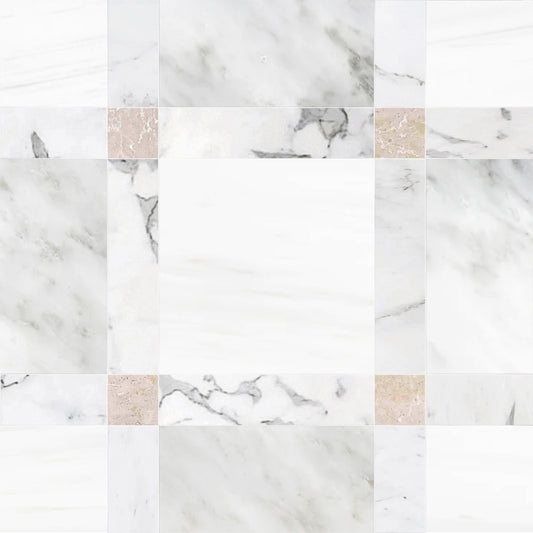 Pattern of white and beige marble tiles.