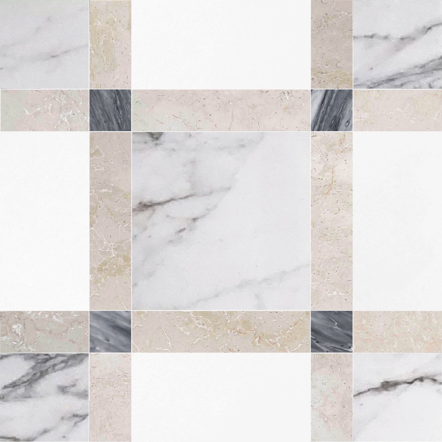 Grid of various marble tile patterns in neutral colors
