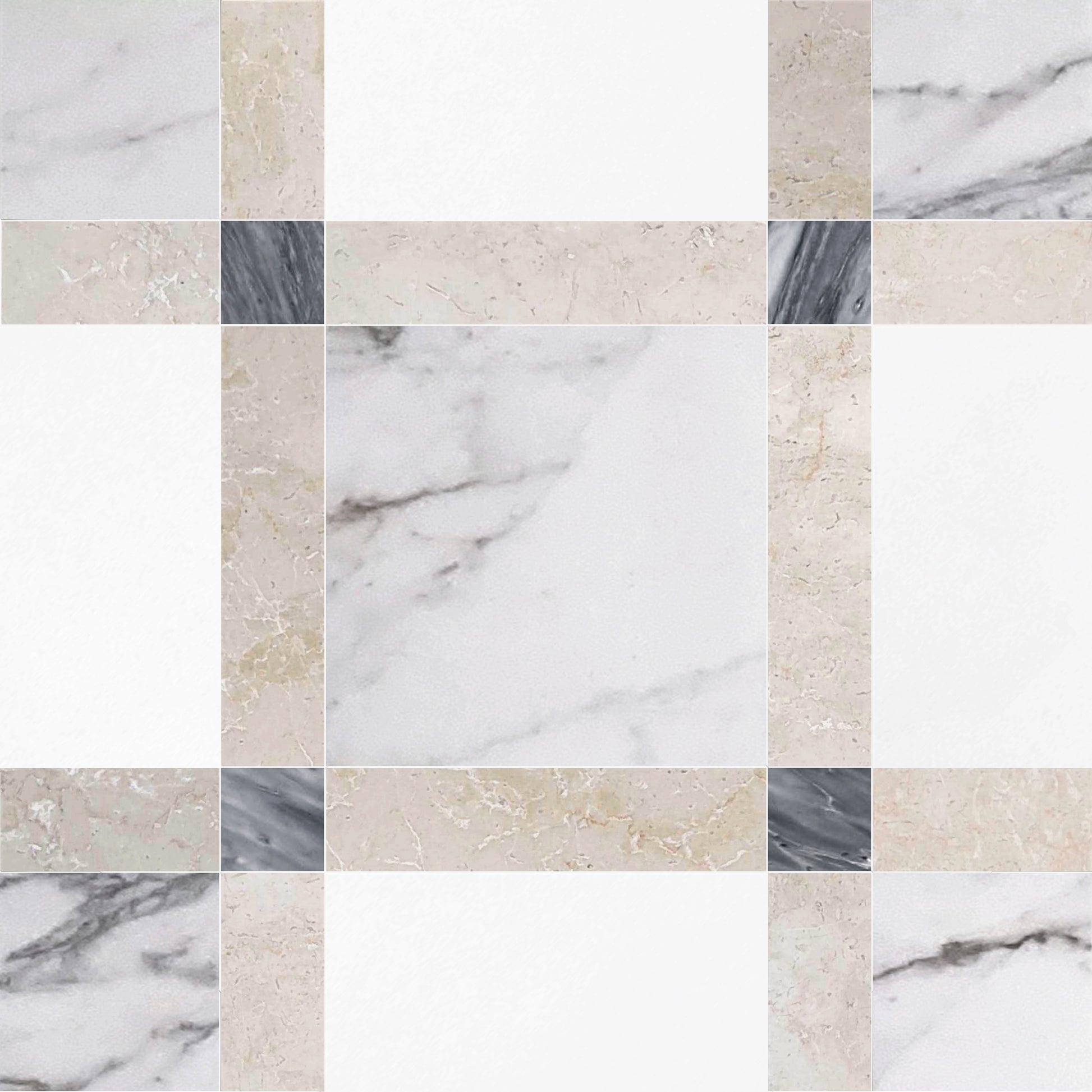Grid of various marble tile patterns in neutral colors
