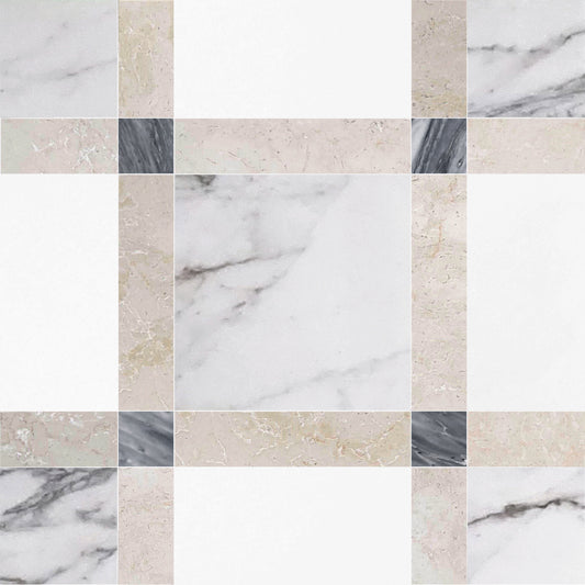 Grid of various marble tile patterns in neutral colors