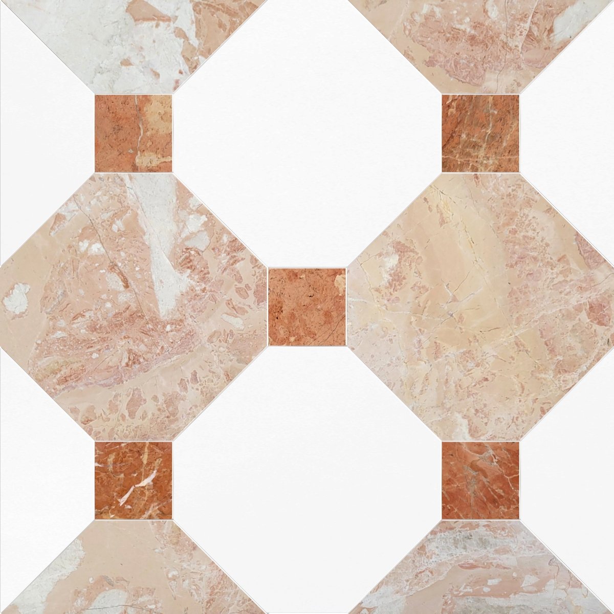 Hexagonal tiles with a marble pattern on a white background