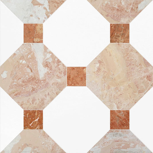 Hexagonal tiles with a marble pattern on a white background