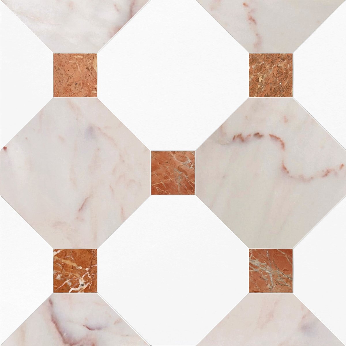 Marble-patterned tiles with a geometric design on a white background