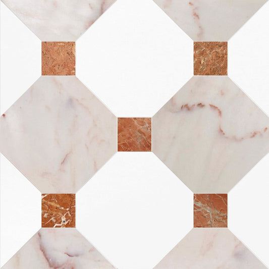 Marble-patterned tiles with a geometric design on a white background