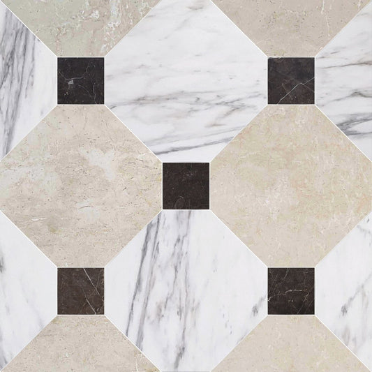Octagon 12" Botticino & Calacatta w/ St. Laurent Dot Chkr Tile