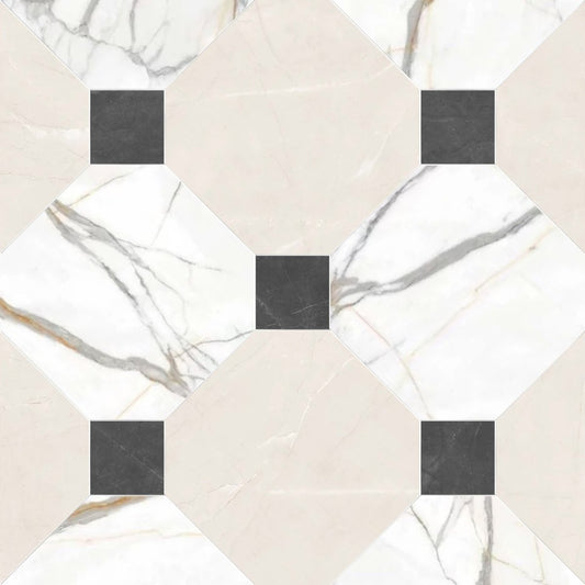 Hexagonal tiles with a geometric pattern featuring black and white colors.