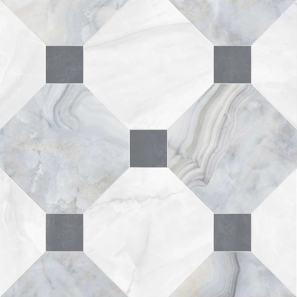 Hexagonal marble tiles with a geometric pattern in gray and white.