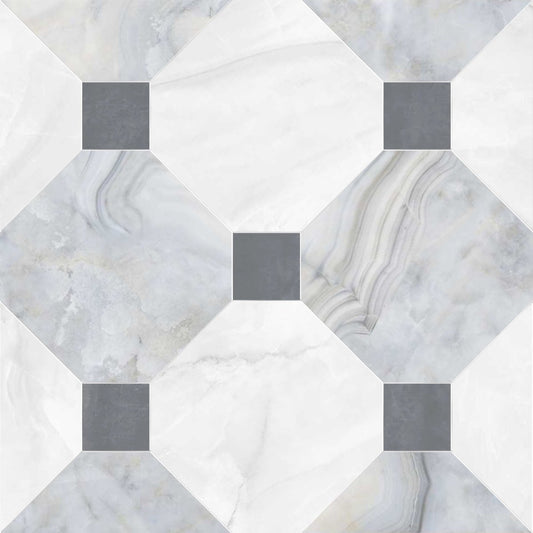 Hexagonal marble tiles with a geometric pattern in gray and white.