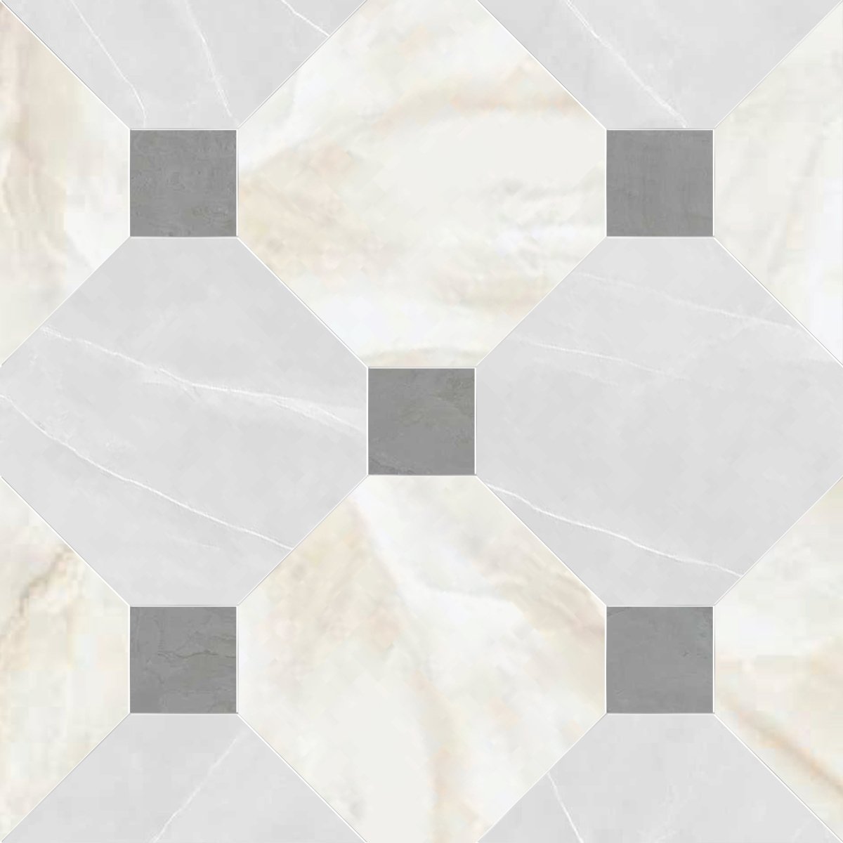 Hexagonal tiles with a geometric pattern in white, gray, and beige.