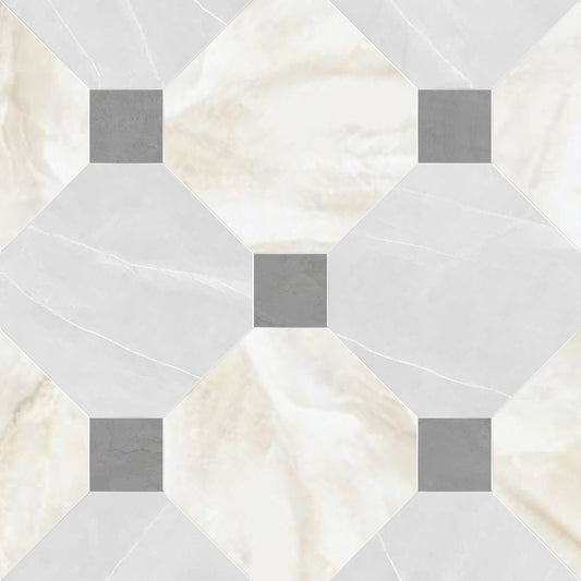 Hexagonal tiles with a geometric pattern in white, gray, and beige.
