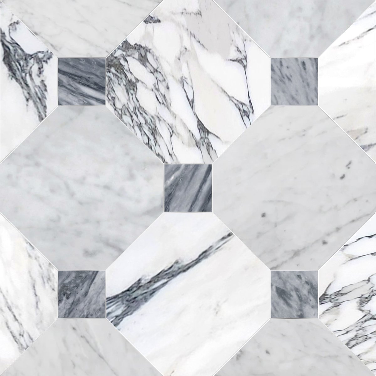 Octagon 12'' Arabescato & Carrara w/ Bardiglio Dot Checkerboard Tile